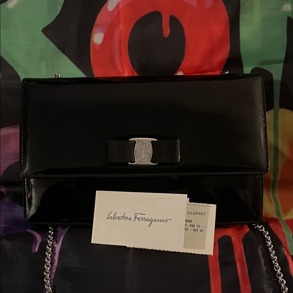 Black Patent Leather Salvatore Ferragamo with Silver Chain Bag